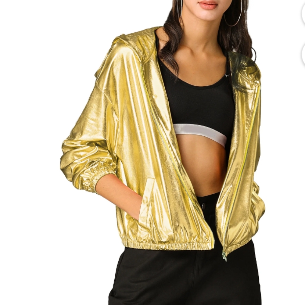 Holographic Party Shiny Lightweight Zipper Hooded Metallic Jacket - Picture 3 of 10